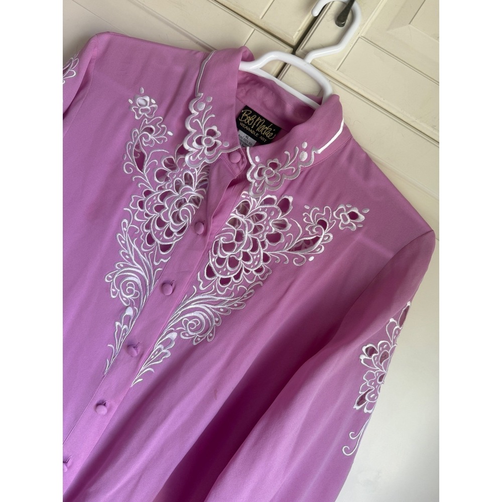 Bob Mackie Wearable Art Pink Silk Embroidered Eyelet Blouse XL Floral Cutout Top